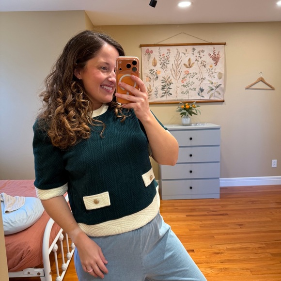 Anthropologie THML Green White Christmas Holiday Sweater Top Small - Picture 2 of 12